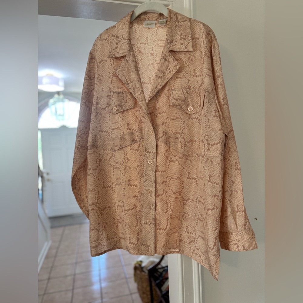 Apart Vintage Silk Snakeskin Blouse L Beige Animal Print Button Front